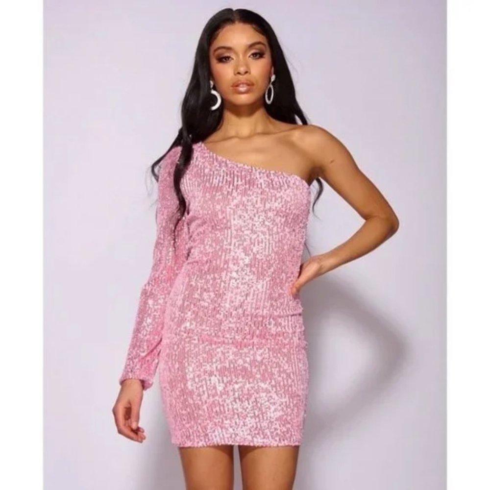 Pink Sequins Long Sleeve One Shoulder Bodycon Mini Dress